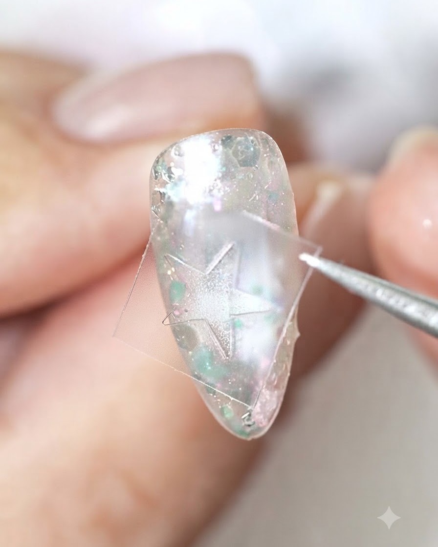 A pair of tweezers positioning a clear star sticker stencil onto a decorated nail.