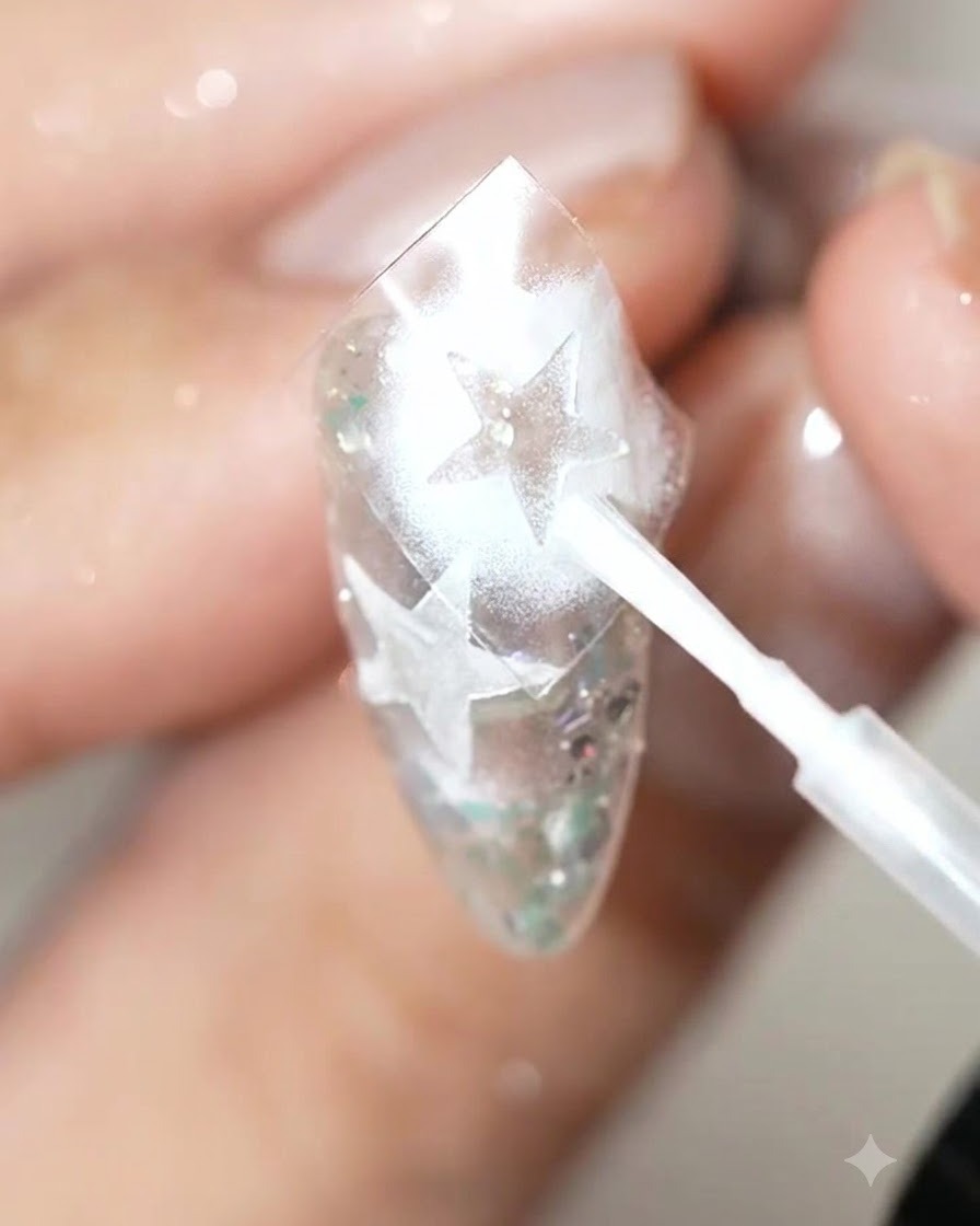 A small brush applying pearl white blooming liquid over a decorated nail surface featuring star patterns.