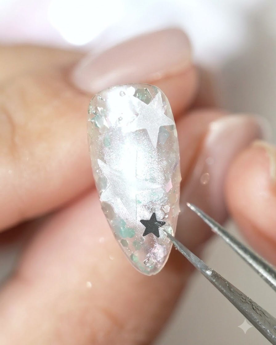 A pair of precision tweezers placing a dark star sequin onto the decorated nail surface.
