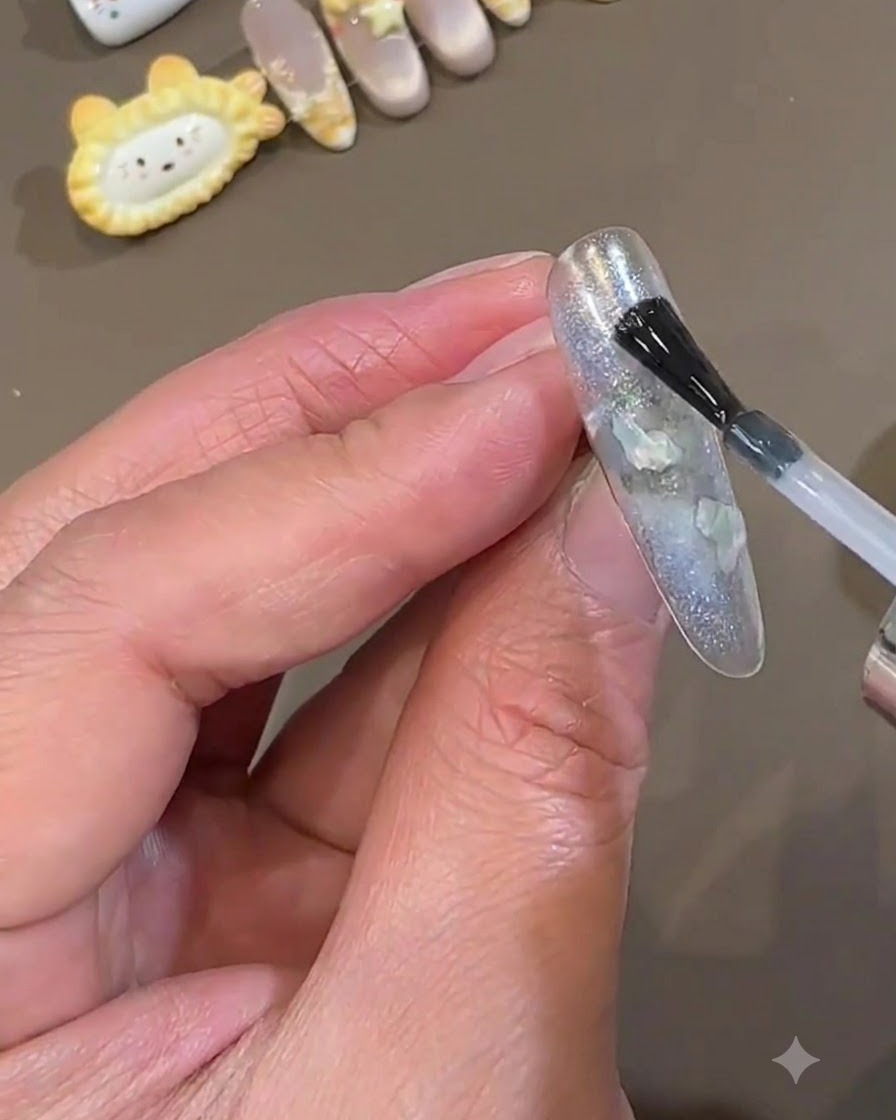 A polish brush applying a smooth layer of clear top coat over an encapsulated icy blue press-on nail.
