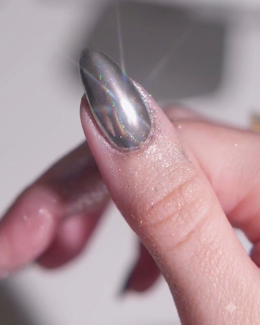 A close-up of an almond nail fully coated in reflective silver chrome, with shimmering loose powder visible on the surrounding skin.