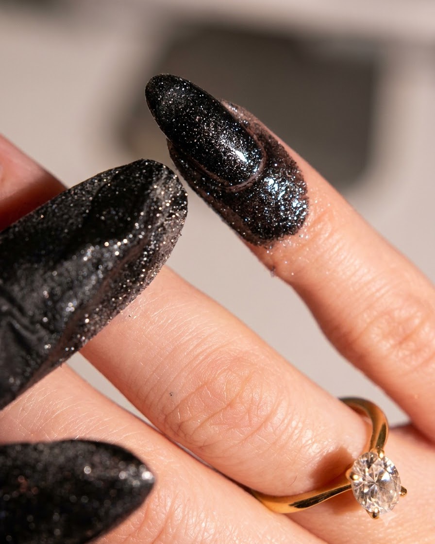 A close-up view of fingers showing detailed cleanup around the cuticles and skin lines near the polished nails.