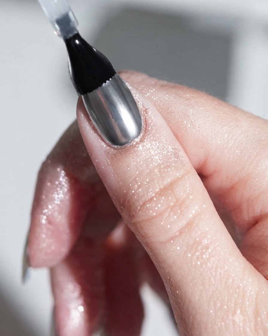 A close-up of a brush applying a clear, glossy gel top coat over a metallic silver chrome nail.