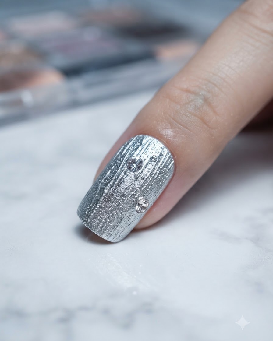 A close-up of a nail with three round rhinestones precisely positioned on the silver surface.