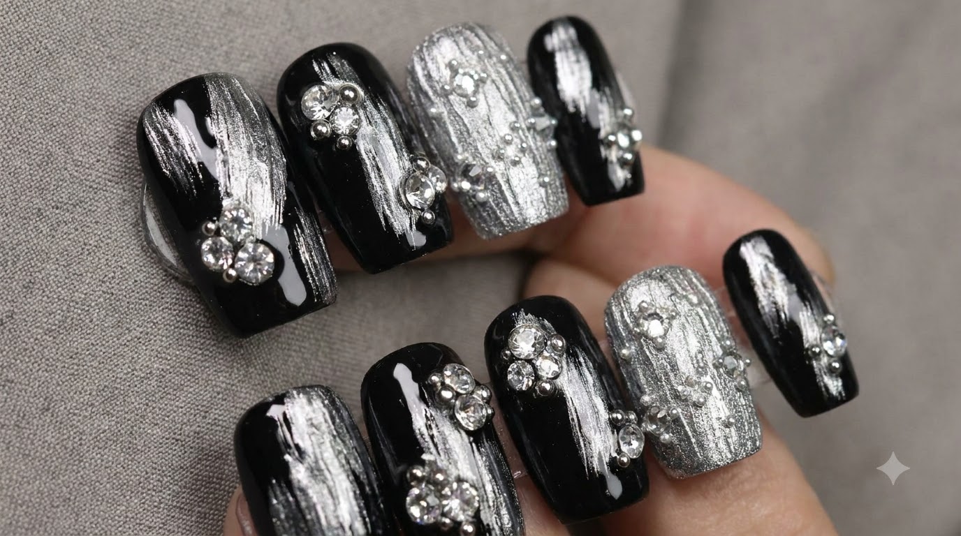 Silver Texture and Gem Embellished Black Metallic Nail Art Tutorial