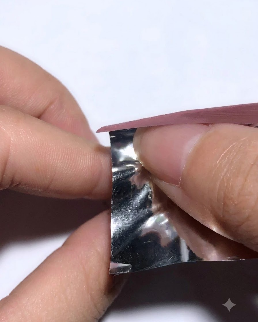 Foil being lifted away from a finger to show the transferred texture.