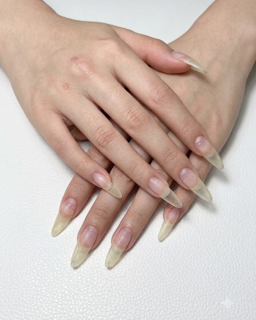 A close-up of hands with long natural pre-extended nails ready for gel application.