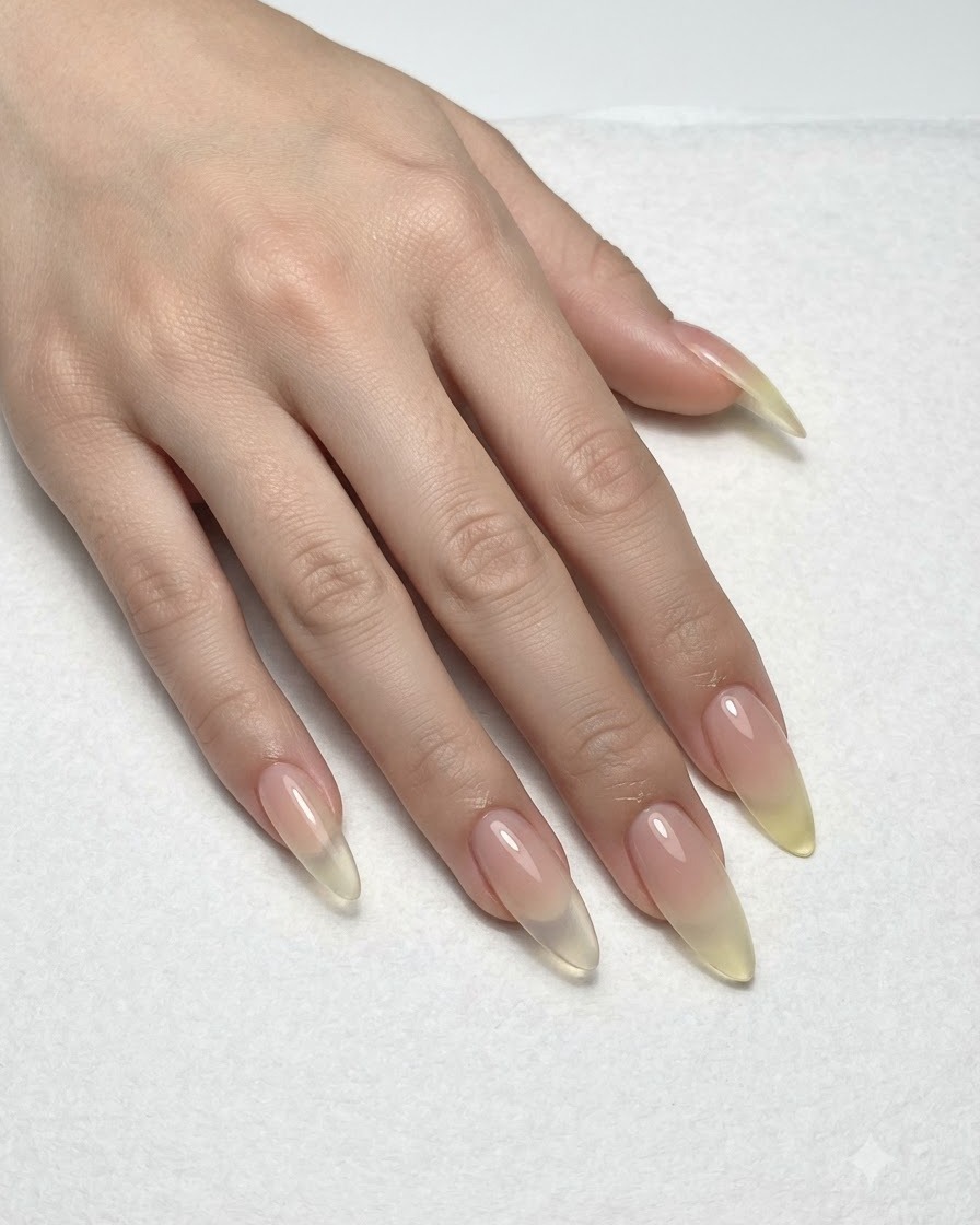 A close-up view of hands displaying the completed gradient base ready for the next stage of nail art.