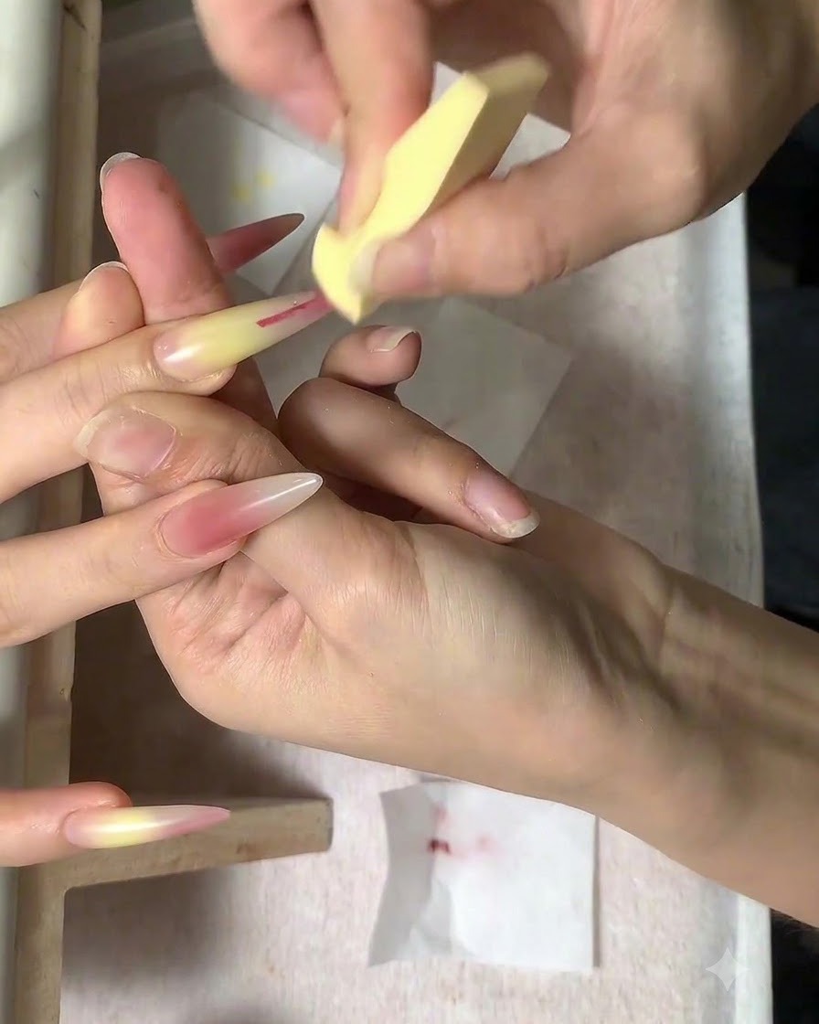 A cosmetic sponge lightly tapping pink painted lines on an almond-shaped nail.