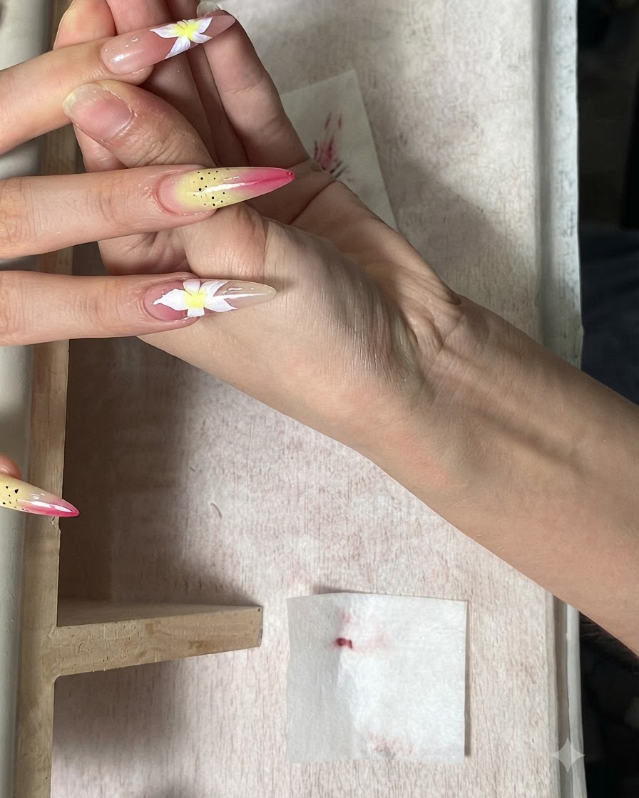 A fine brush applying plum wine color to the center of a painted nail flower.