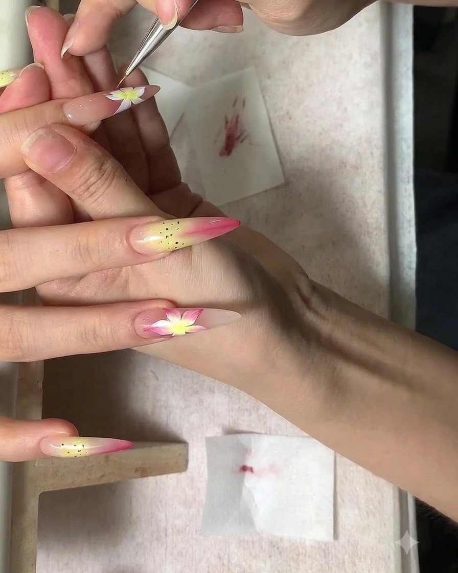 A fine brush pulling magenta lines across the middle of flower petals on a nail.