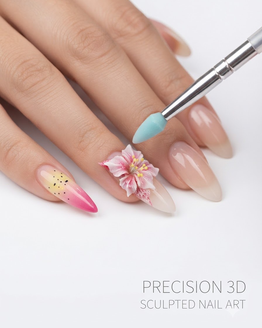 A close-up view of a blue silicone nail sculpting tool working with transparent gel to shape a 3D flower petal on an almond-shaped nail.