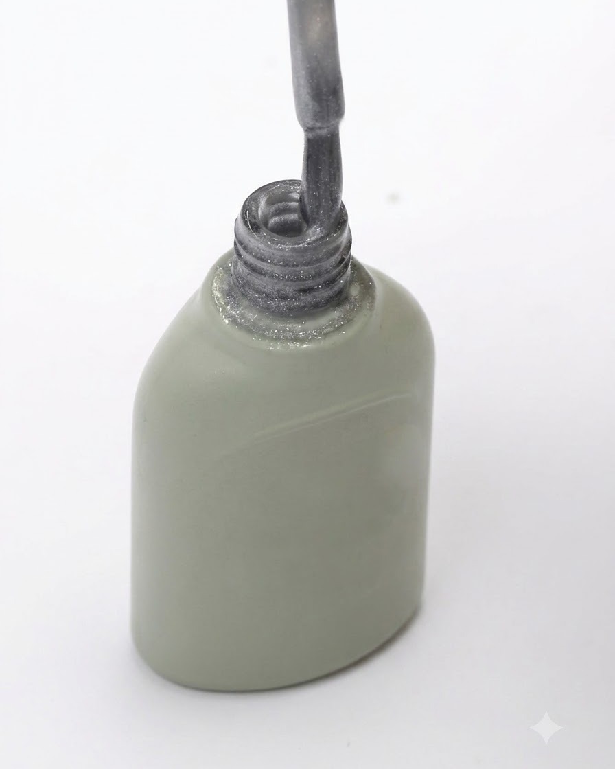 A brush being pulled out of a grey gel polish bottle with excess product wiped against the bottle rim.