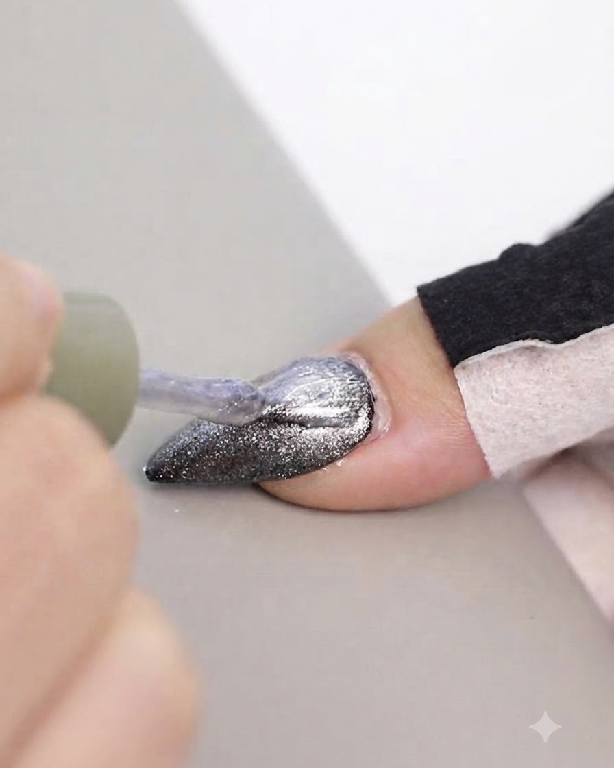 A nail brush applying shimmering silver cat eye gel onto a dark-painted almond nail tip.