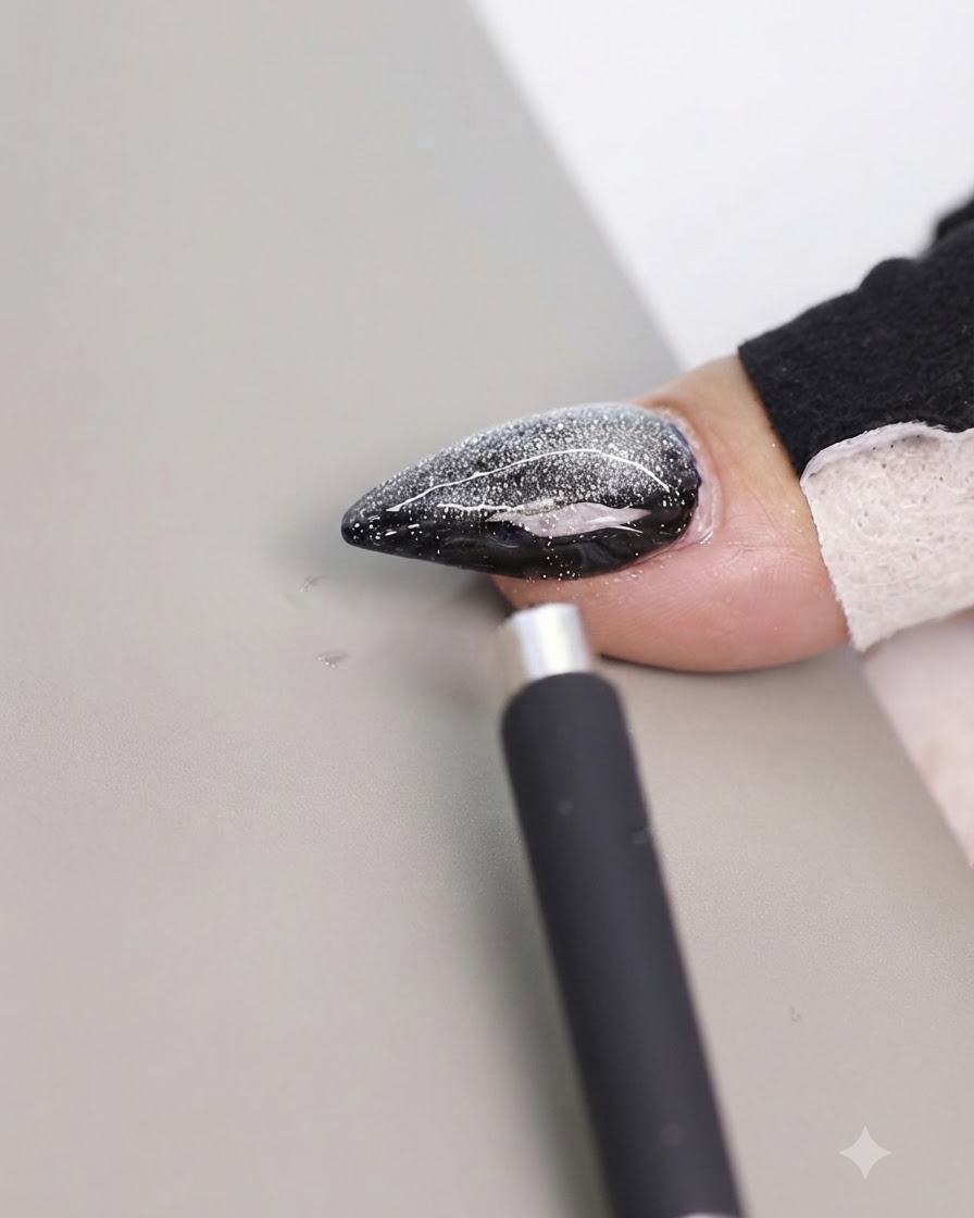 A magnet tool positioned near the side edge of a decorated cat eye nail to shift the reflection.