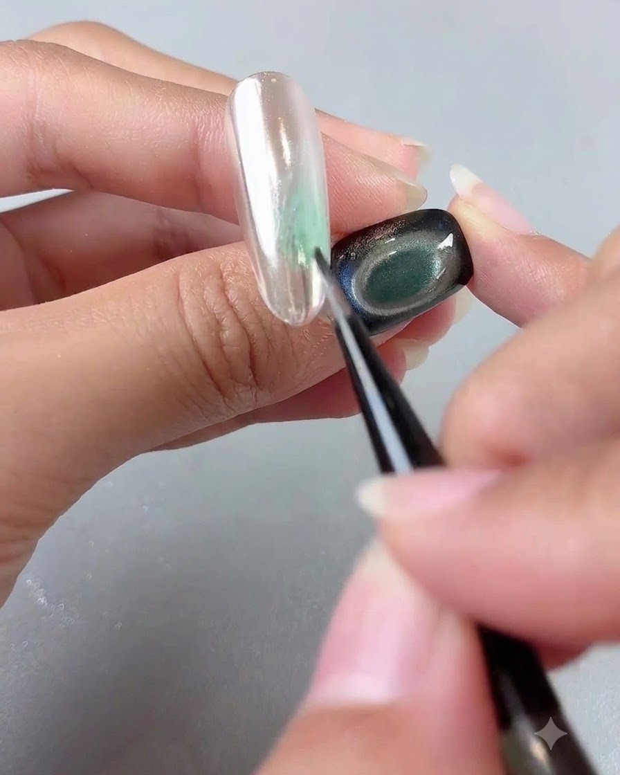 A fine nail art brush blending a soft green color wash onto a glossy mirror-finished nail.