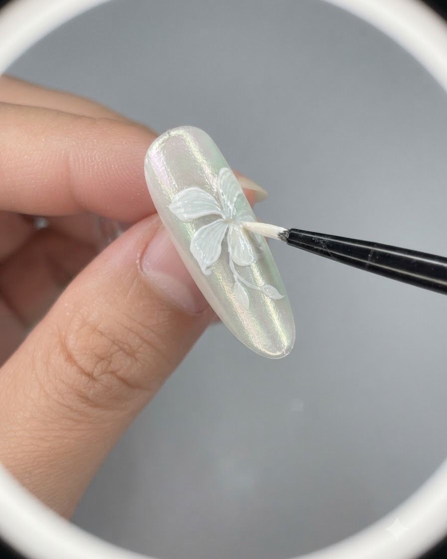 A close-up of a nail brush adding a half petal and stem to the white lily nail art design.