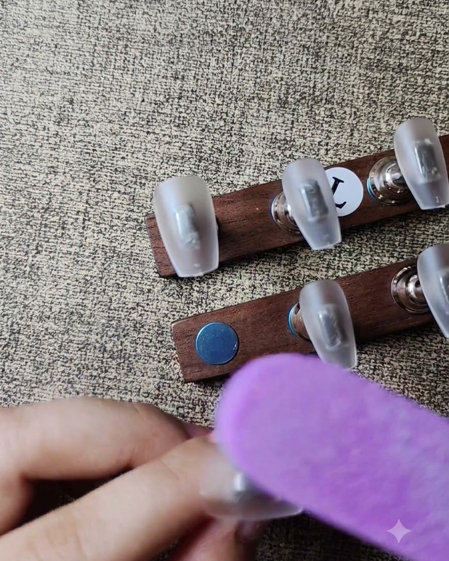 A purple rectangular buffer block smoothing the matte surface of a clear coffin nail tip.