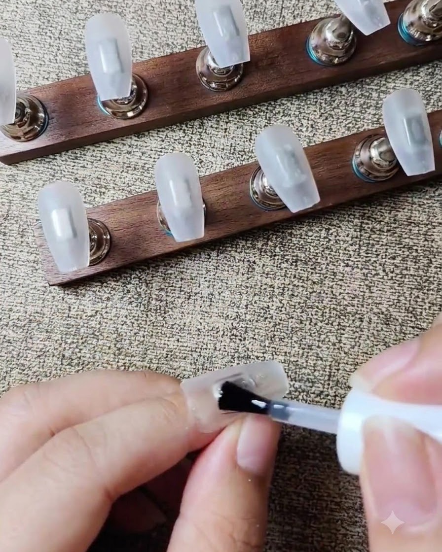 A gel brush applying a clear base coat onto a clear coffin nail tip.