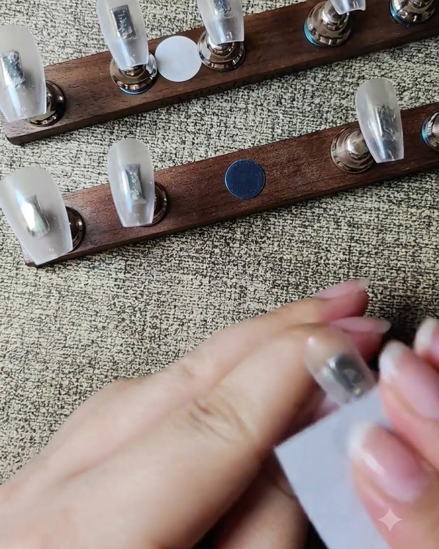 A sponge tool dabbing milky white gel onto the center of a clear nail tip.