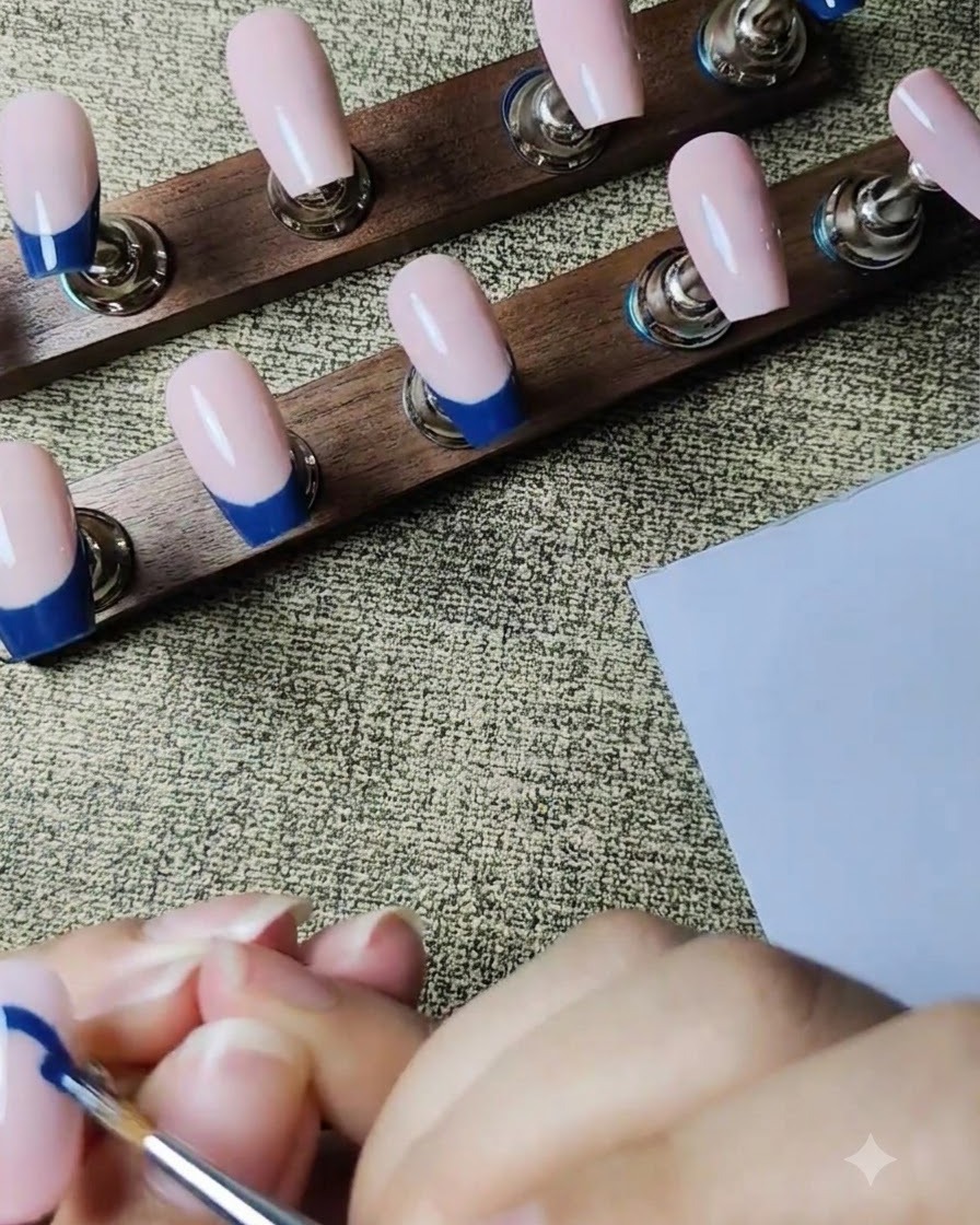 A fine liner brush drawing a dark blue French tip outline on a nude pink press-on nail.