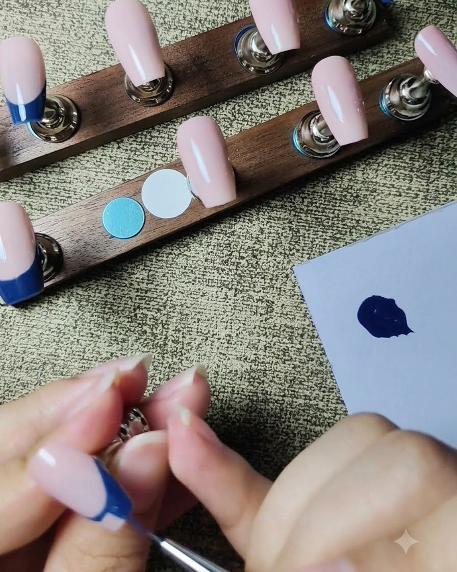A liner brush filling in the dark blue pigment of a French tip on a press-on nail.