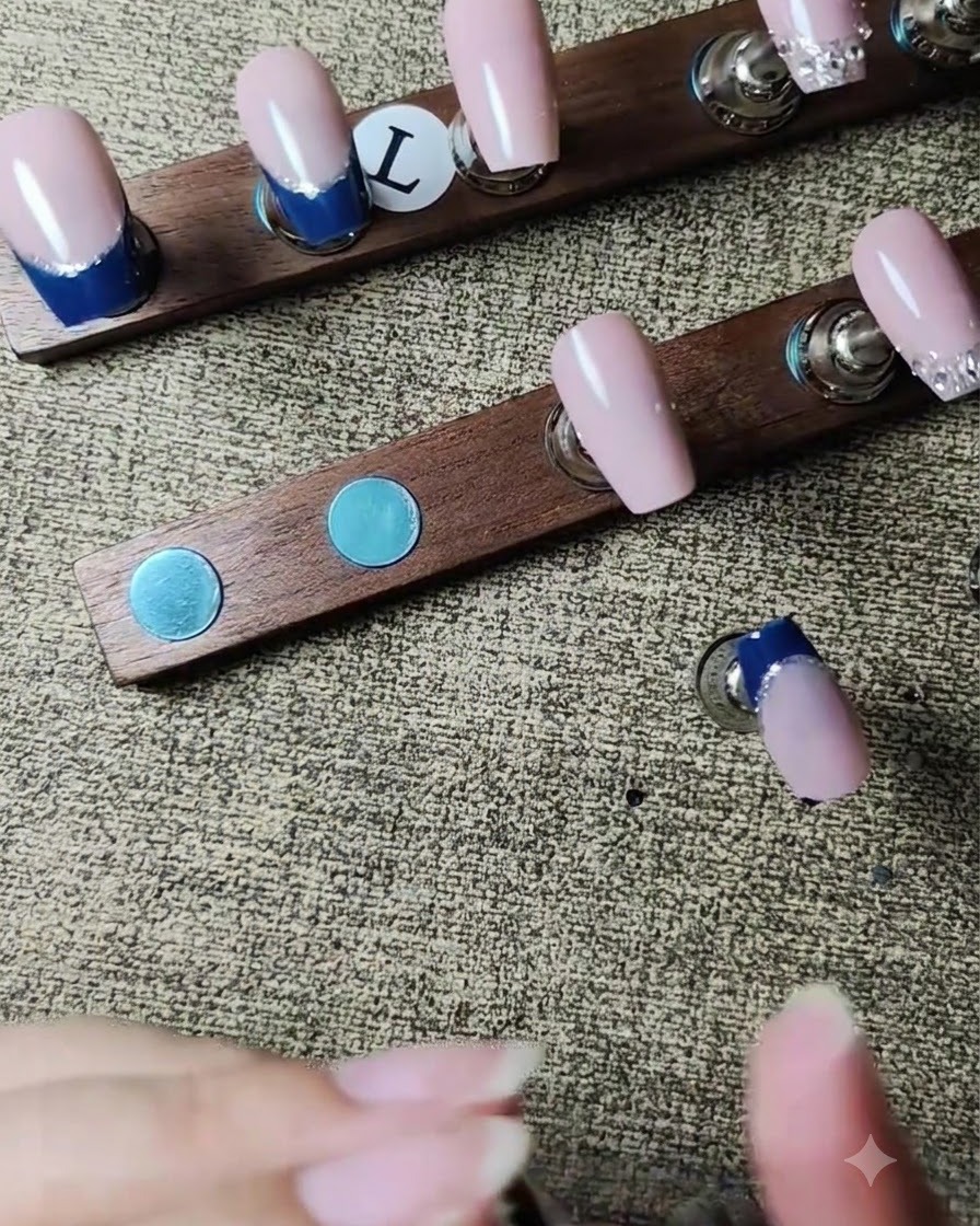 Alternating blue and white rhinestones being placed along half of a French tip smile line.