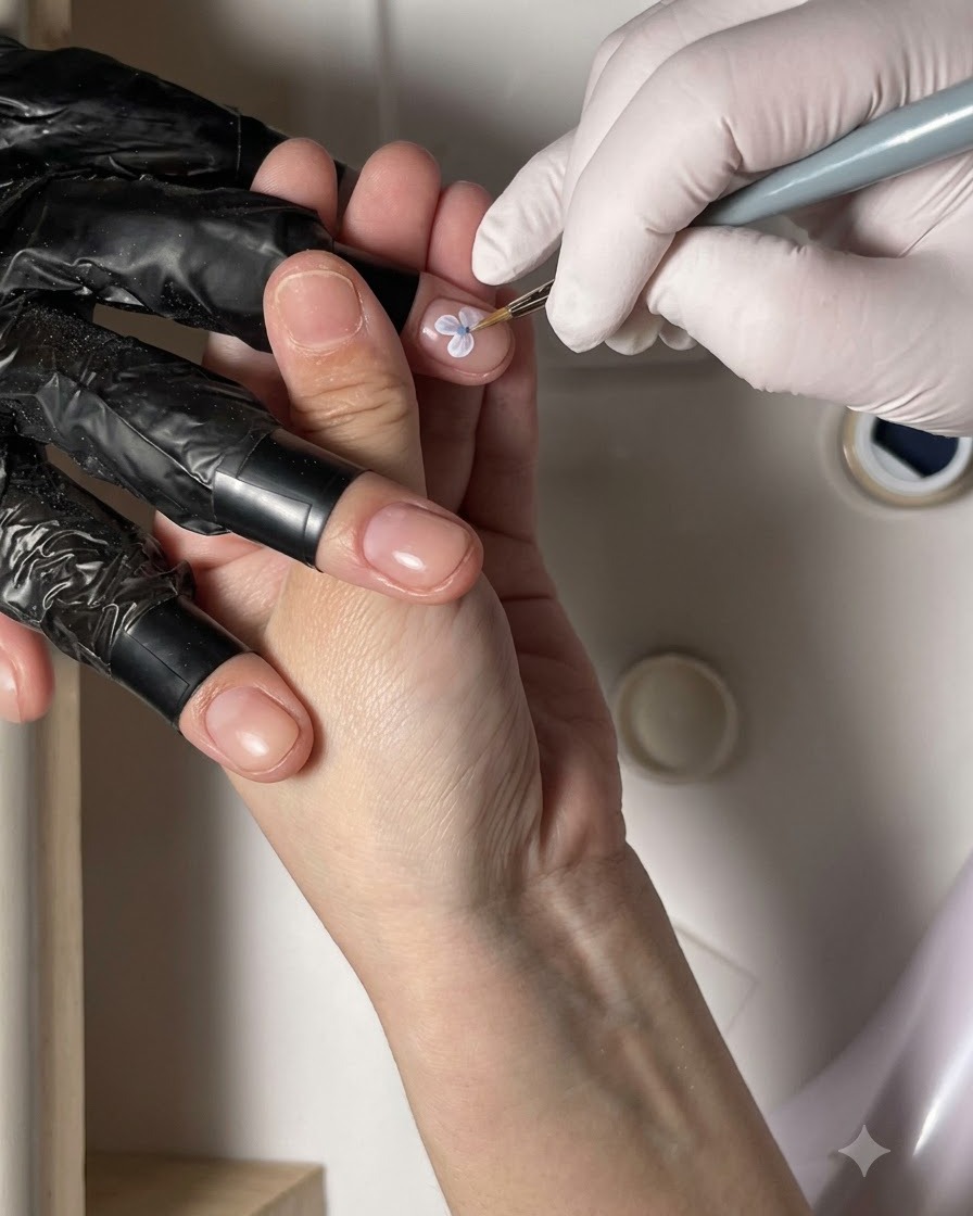 A fine brush being dipped into black gel to detail the flower petal.
