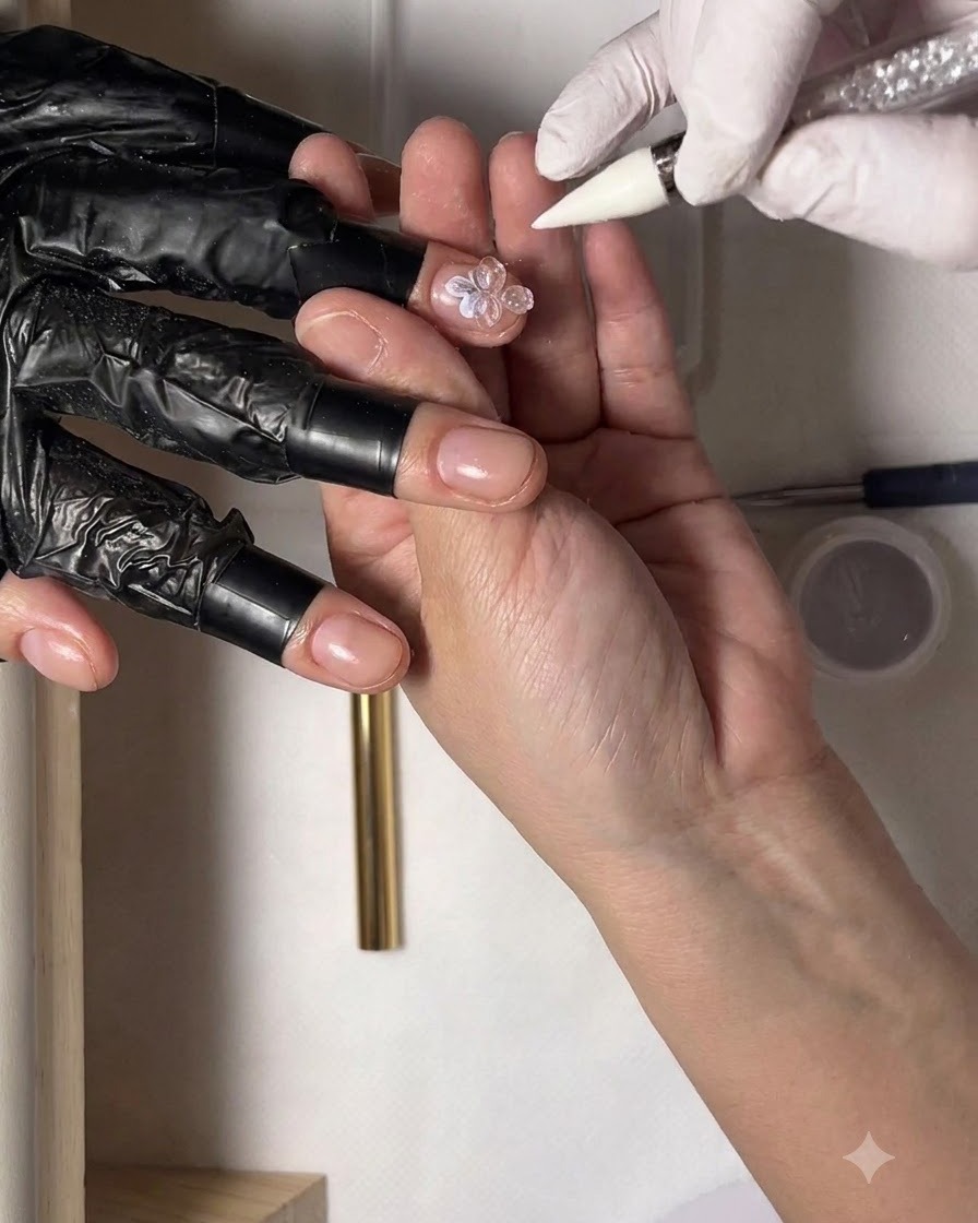 A gloved hand holding a wax pencil with a rhinestone at the tip, placing it onto the center of a floral nail design.