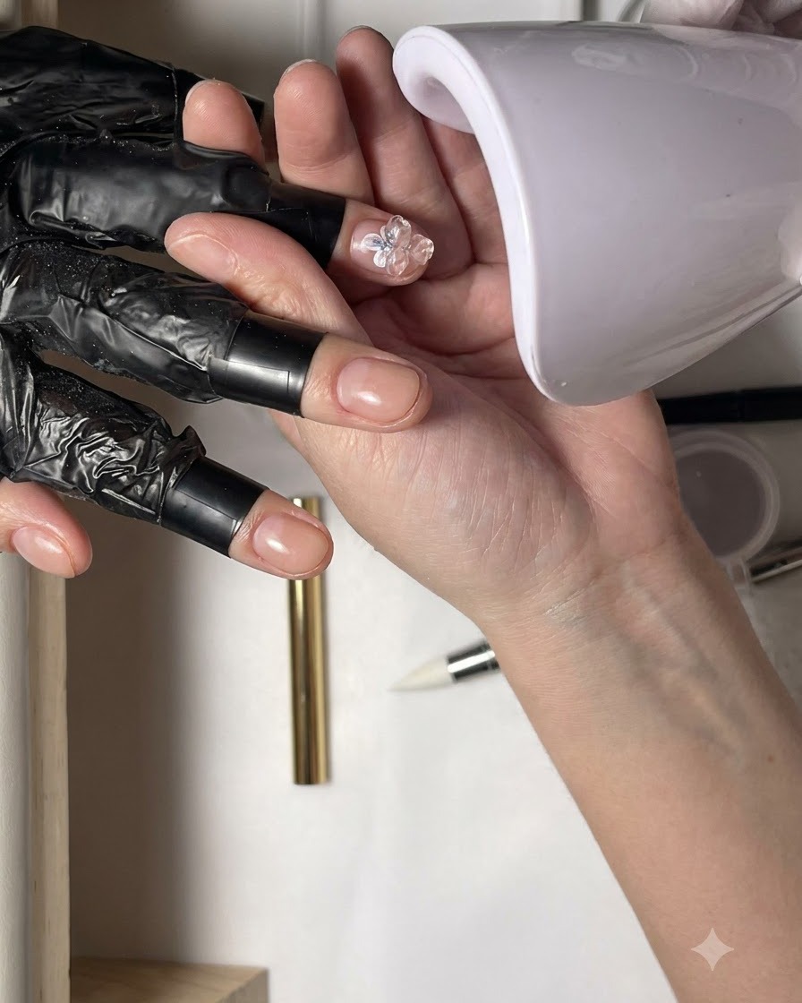A handheld white mini UV lamp held over a finger to cure newly placed nail art elements.