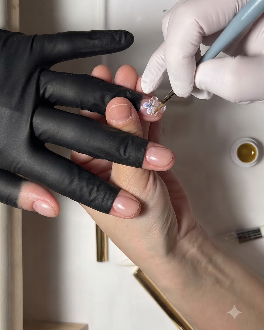 A fine brush shaping a thick blob of clear 3D gel into a raised petal on a nail.