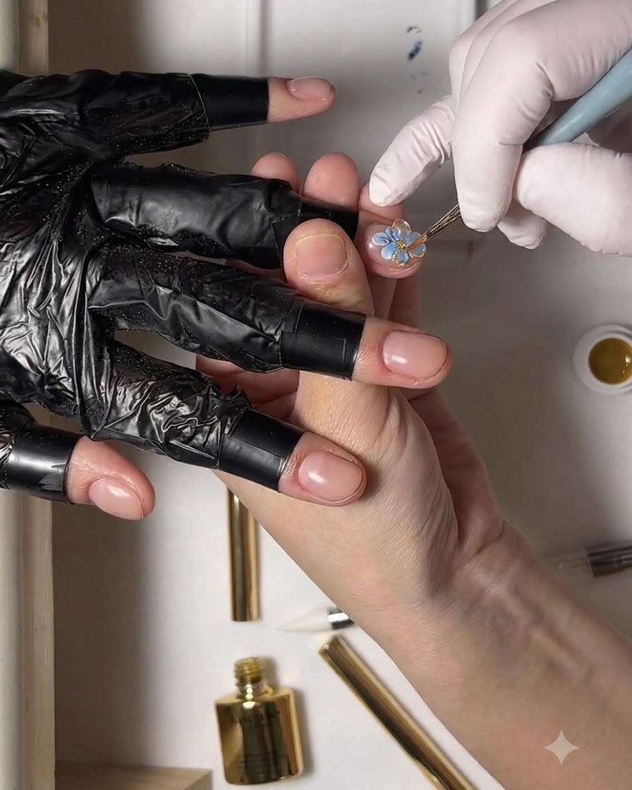 A fine brush forming a second clear 3D gel petal adjacent to the first petal on a nail.