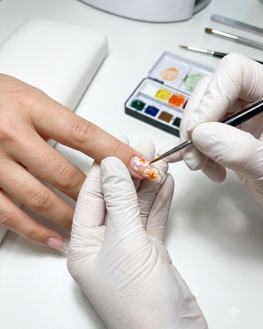 A fine liner brush applying gold glitter gel along the edges of clear 3D flower petals on a nail.
