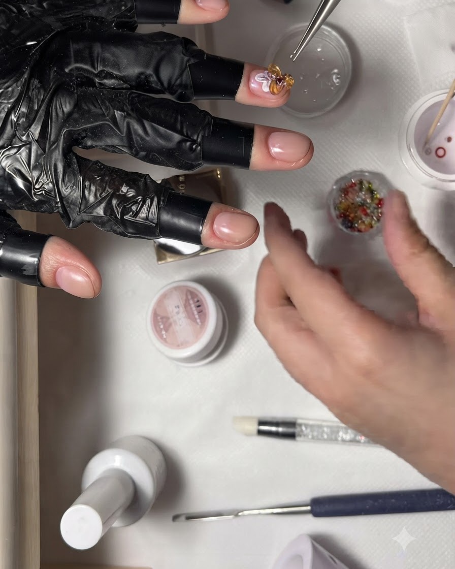 A pair of precision tweezers picking up tiny colored microbeads from an open round container.