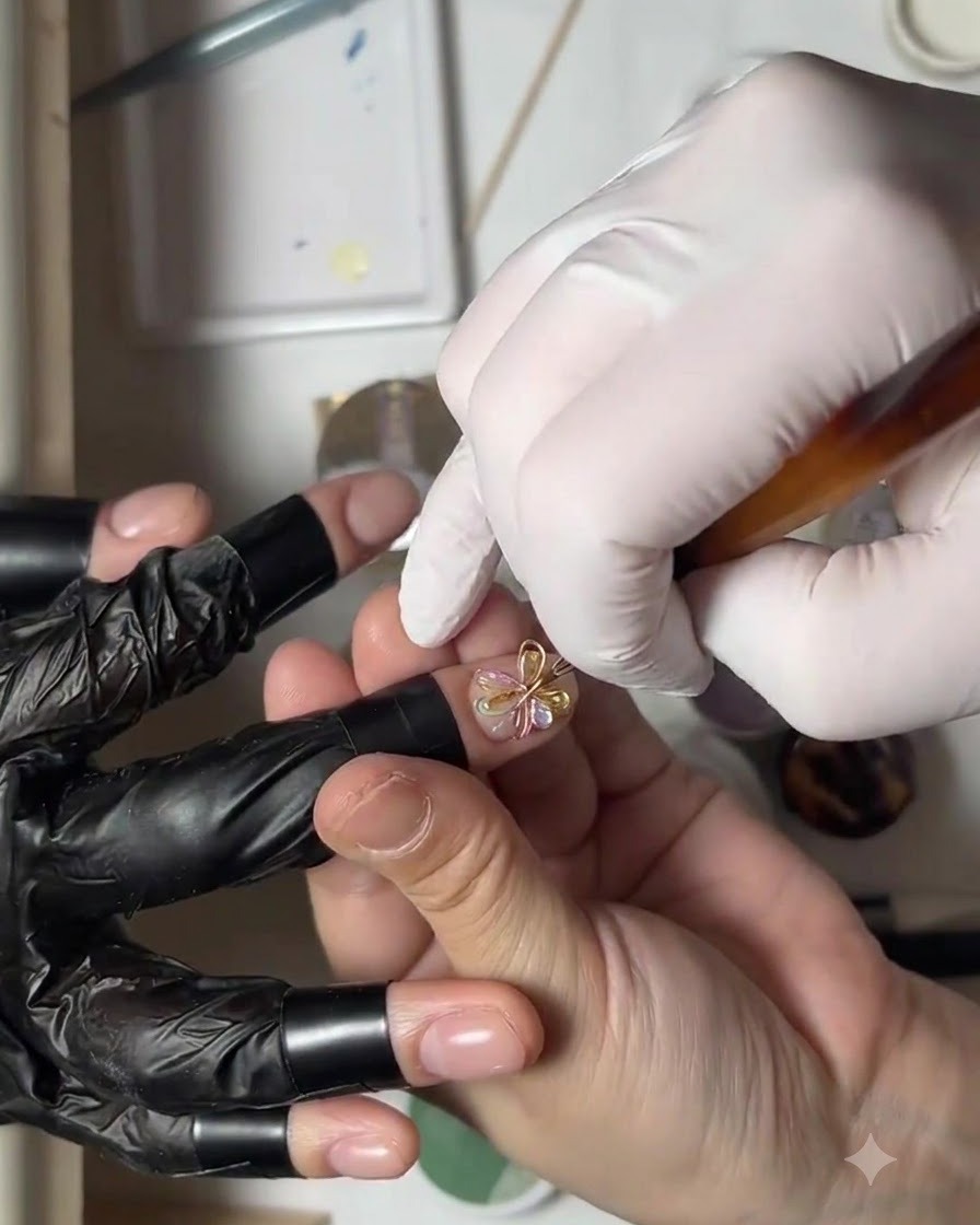 A gloved hand using a brush tip to gently adjust a cluster of microbeads into a circular shape on a nail.