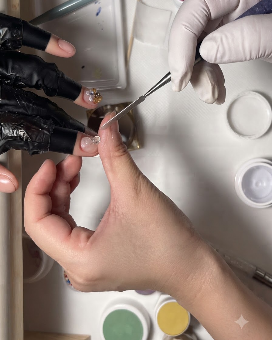A pair of tweezers picking up a small silver rhinestone from a tray next to a nail station.