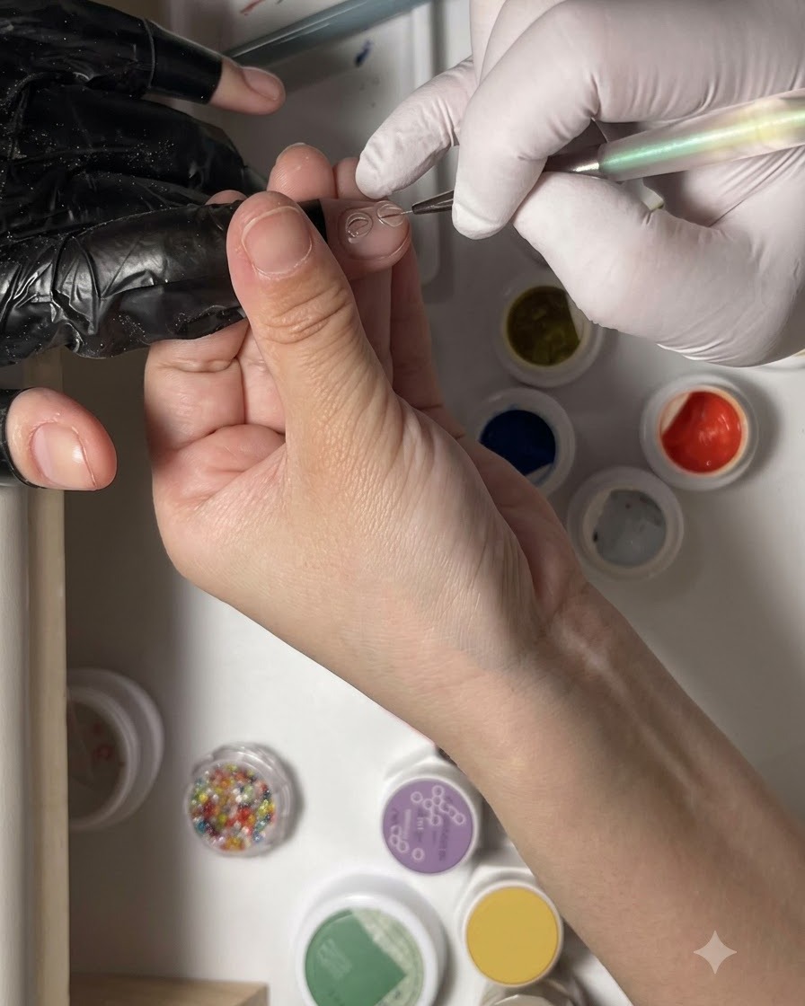A fine liner brush painting a curved clear 3D gel loop on a natural fingernail.