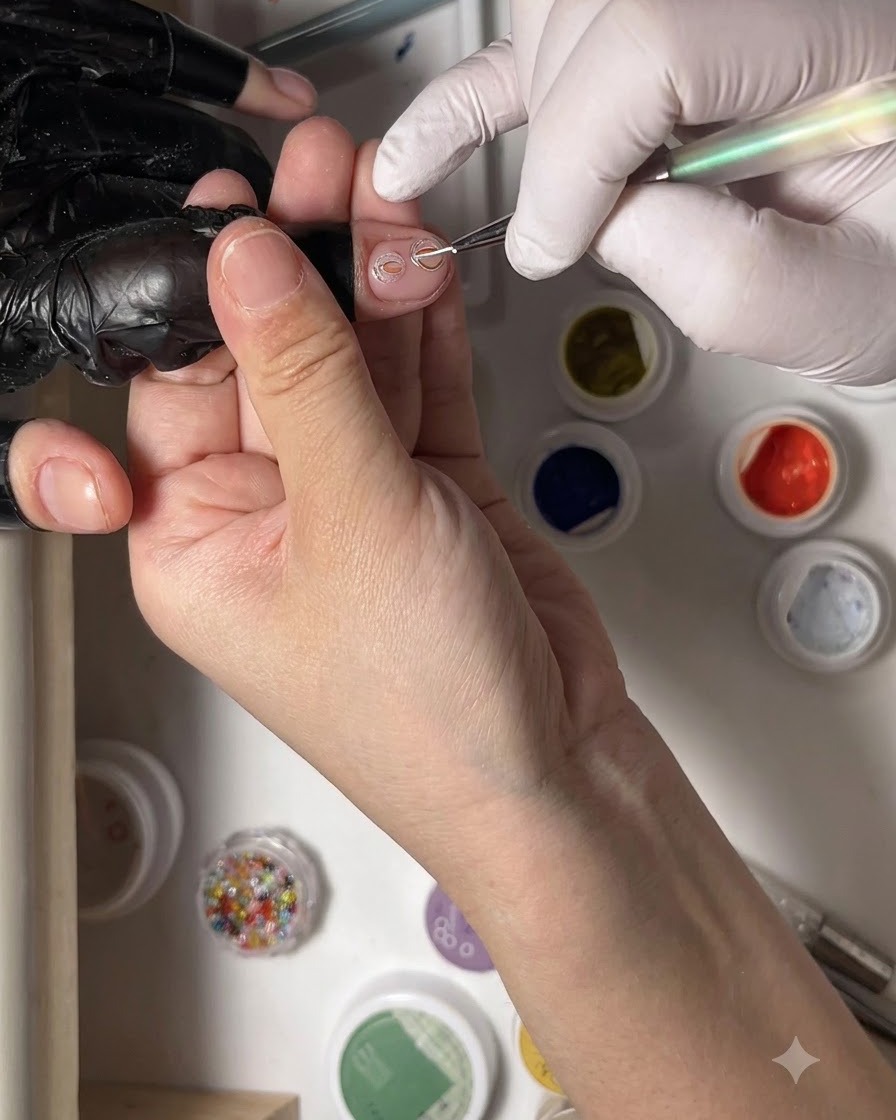 A fine liner brush painting a second clear 3D gel loop interlocking with the first on a nail.
