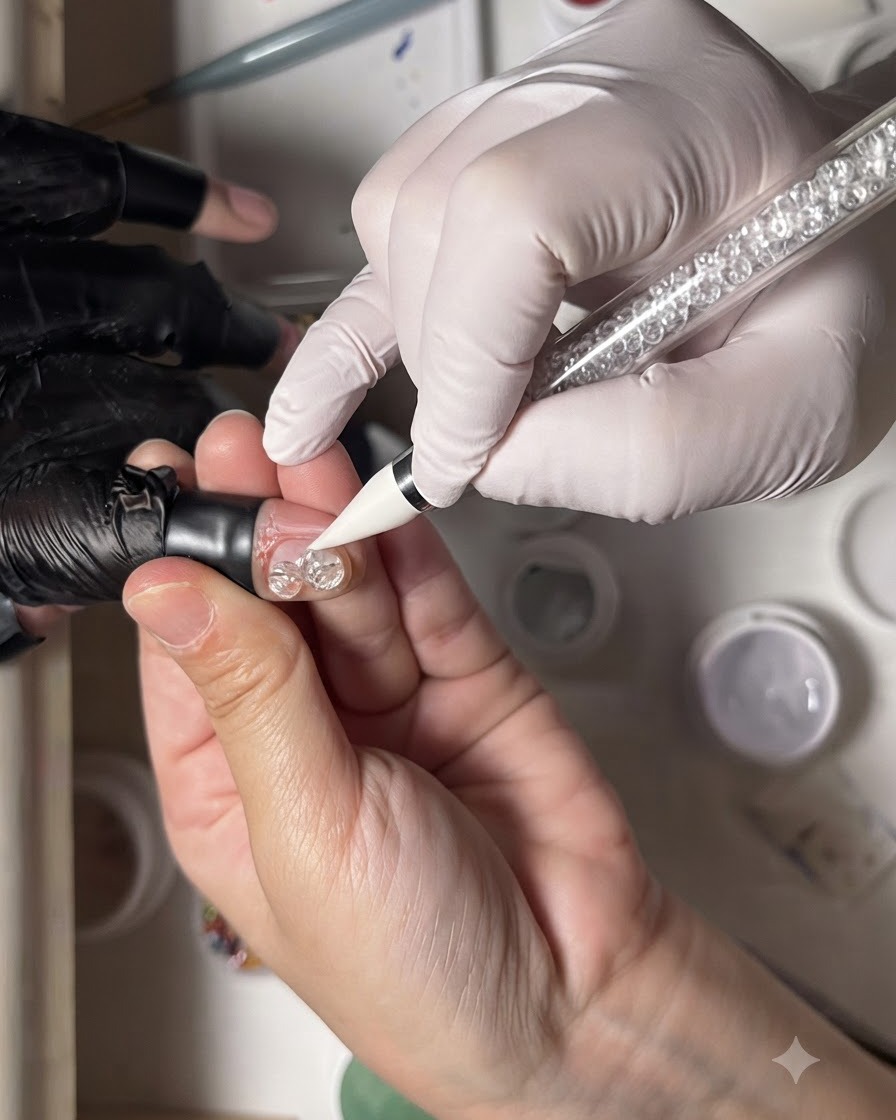A gloved hand using a white wax pencil tool to place a tiny rhinestone into a clear gel loop on a fingernail.