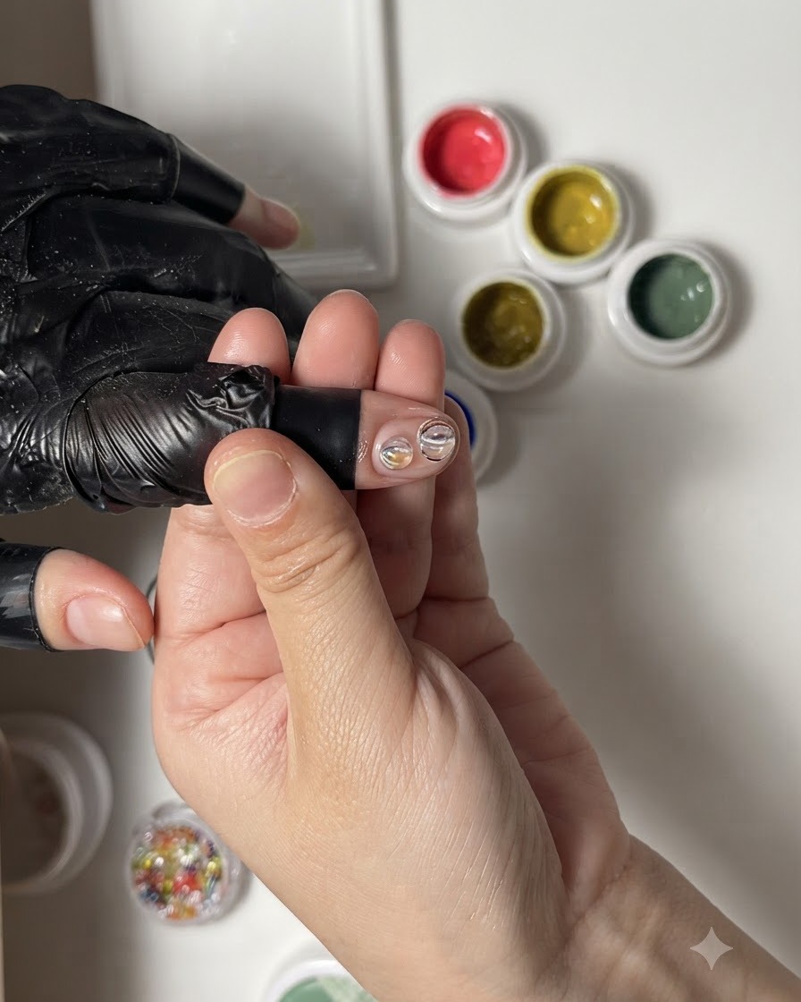 A fine detail brush applying blue tinted gel into the top clear loop of a nail design.