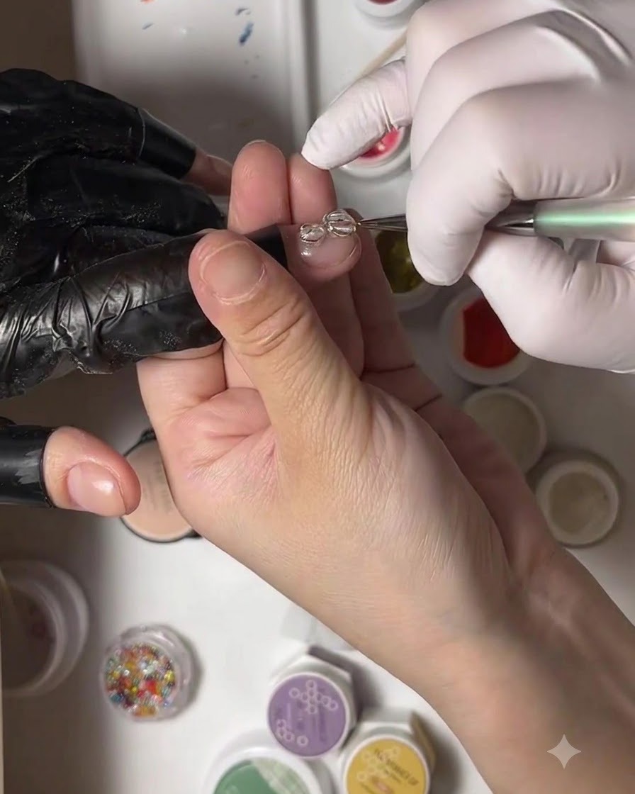A fine detail brush applying pink tinted gel into the lower clear loop of a nail art design.