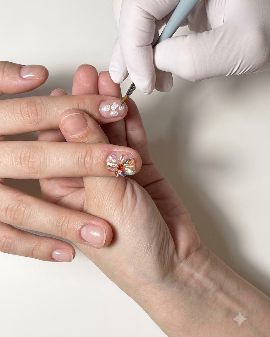 A fine detail brush painting a delicate multi-petal white gel flower on a fingernail.