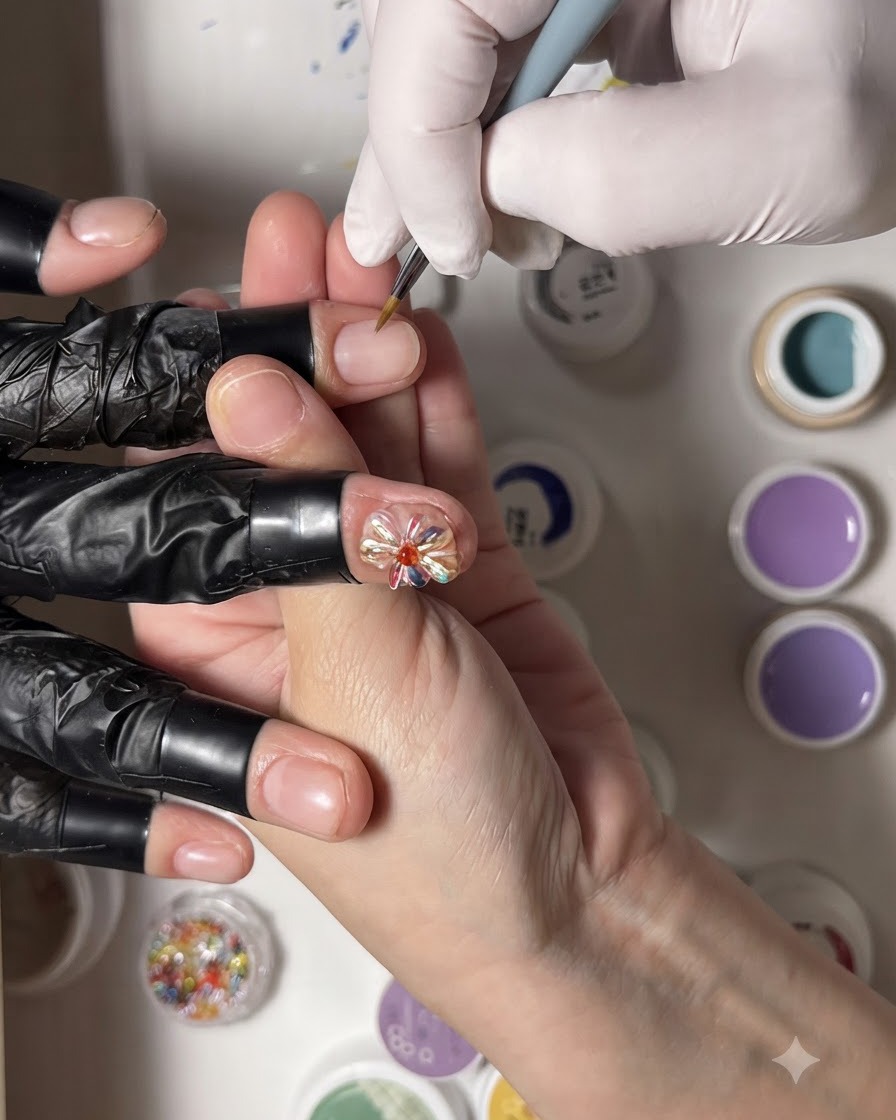 A fine detail brush adding final small white petals to complete a floral nail art design.