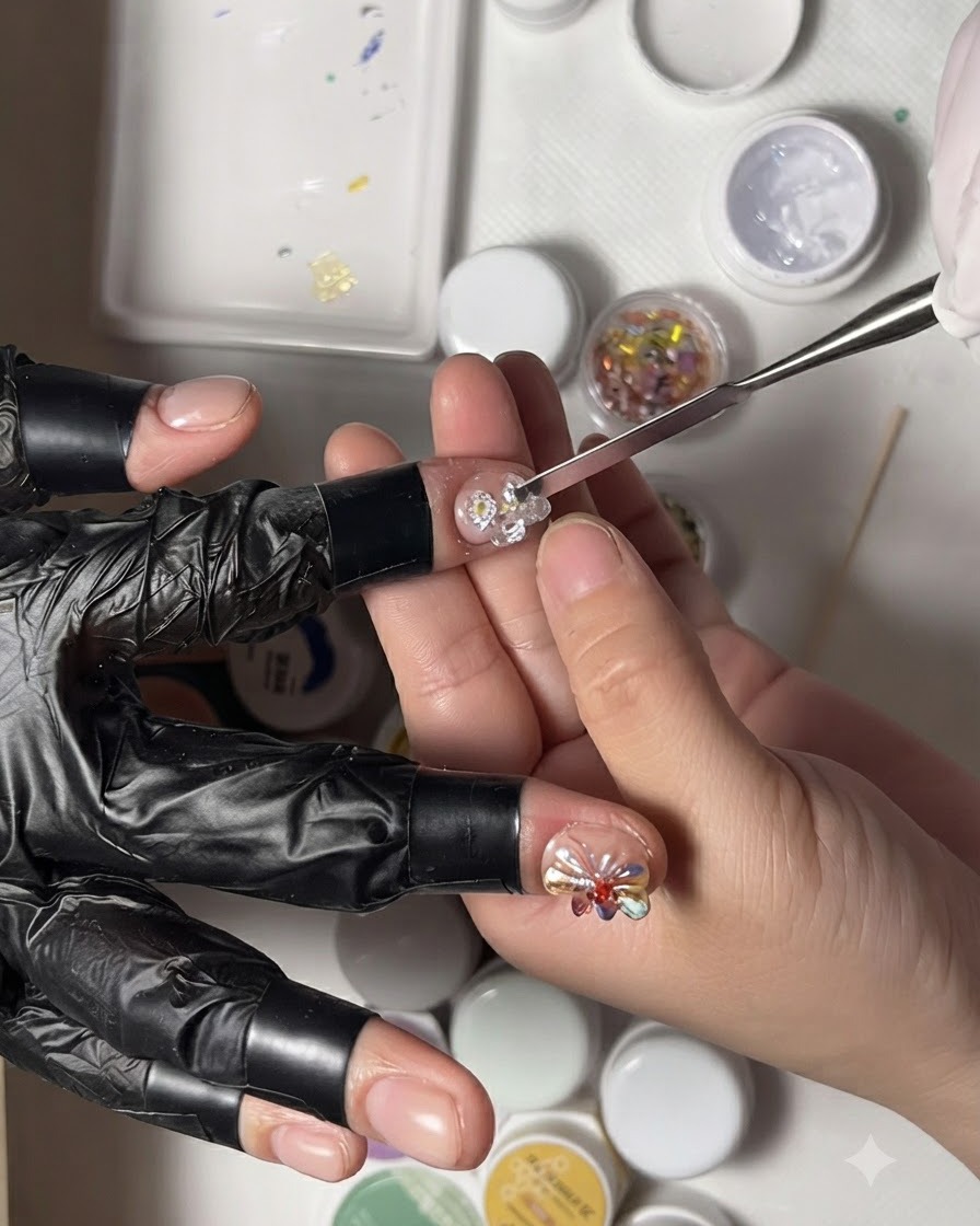 Tweezers placing a large silver diamond rhinestone cluster onto the center of a nail flower.