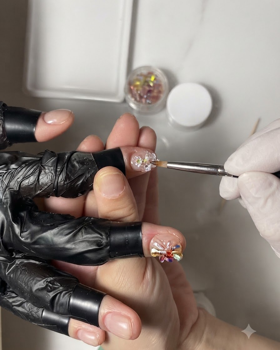A handheld mini UV lamp curing a detailed nail design on a finger.