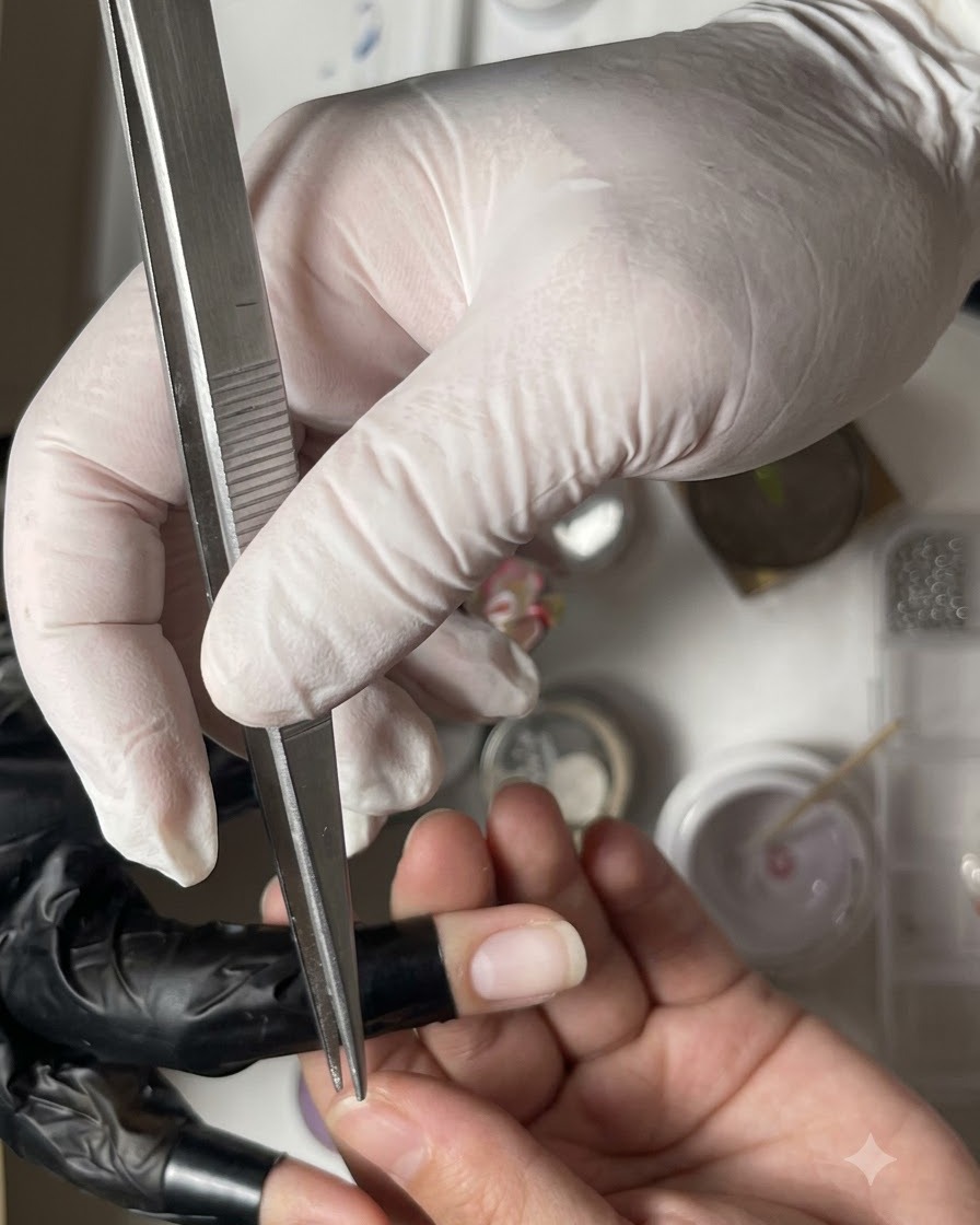 Tweezers holding a small light green embellishment over a fingernail.
