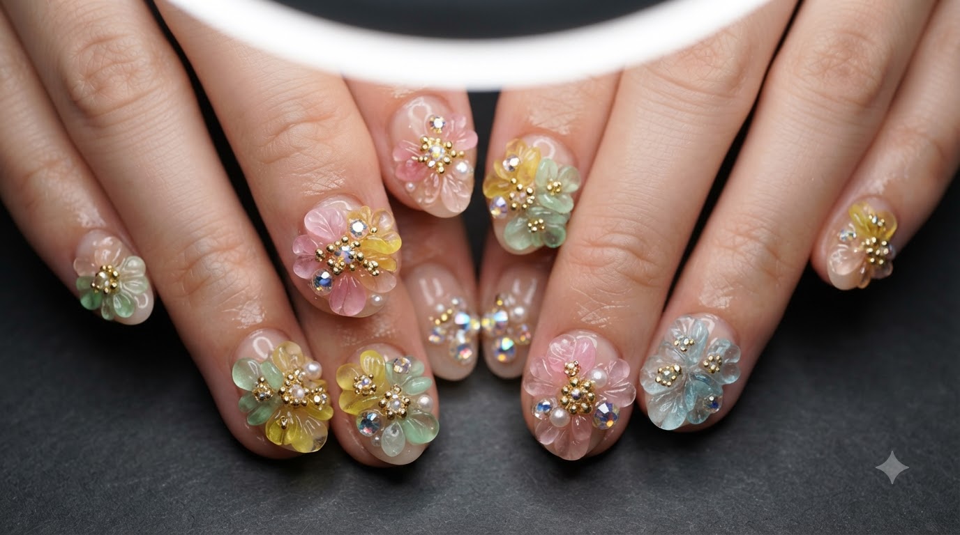 3D Floral and Rhinestone Gel Nail Art — Step-by-Step Tutorial