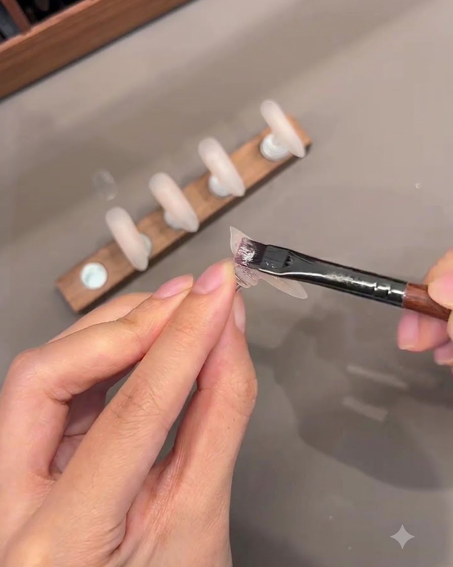 A detail shot of a brush applying nude color base gel onto a false nail tip.
