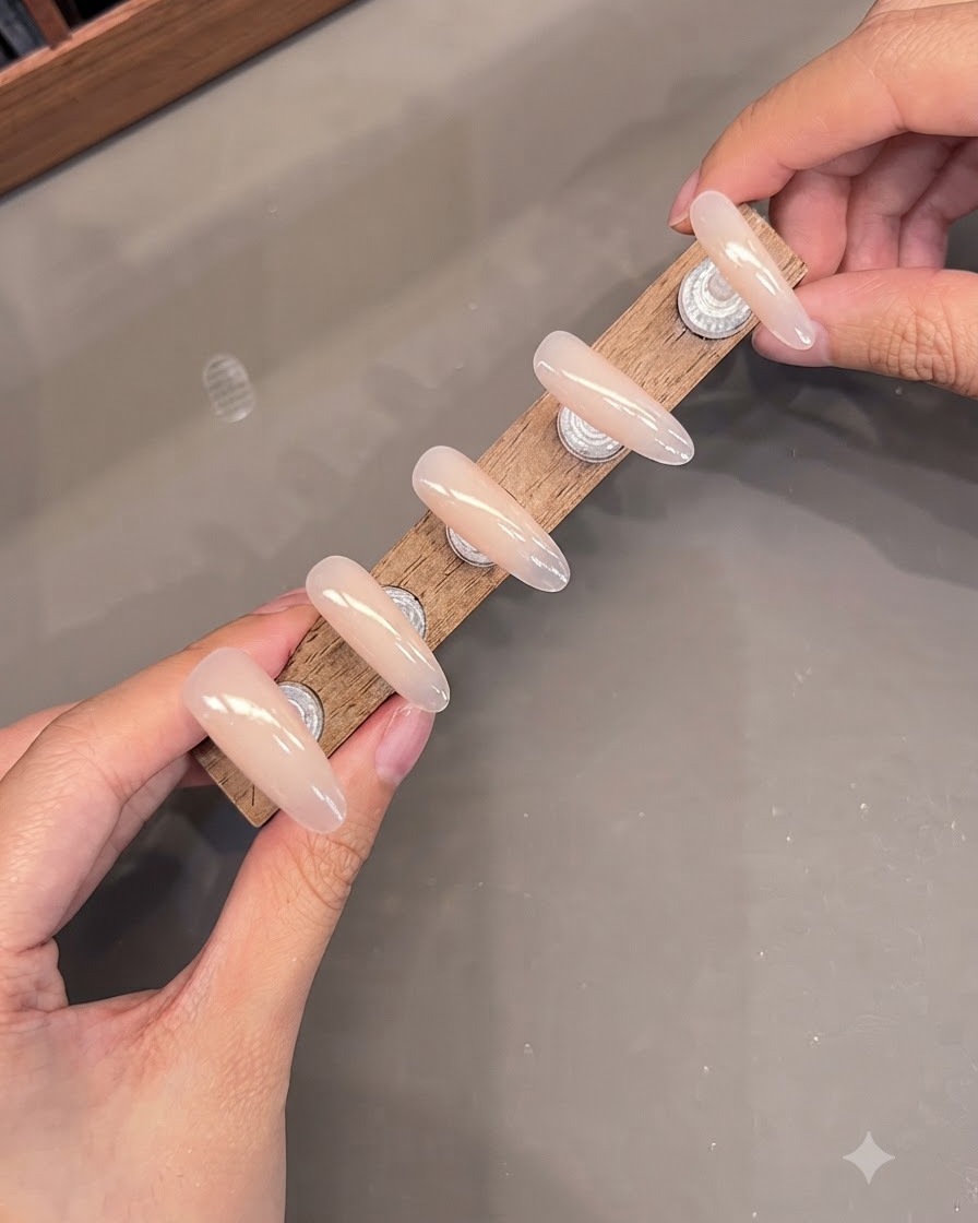 A display stand showing multiple false nails, with cat-eye gel applied to the index finger tip.