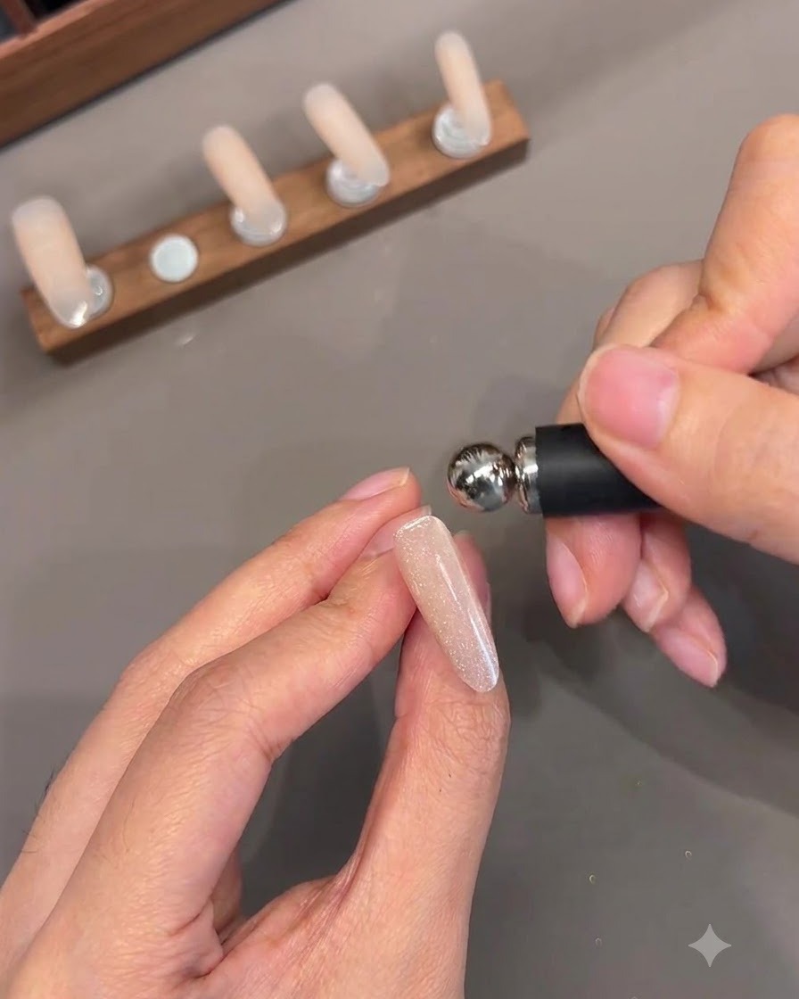 A magnetic tool with a spherical head positioned near a false nail tip to shape the cat-eye gel.